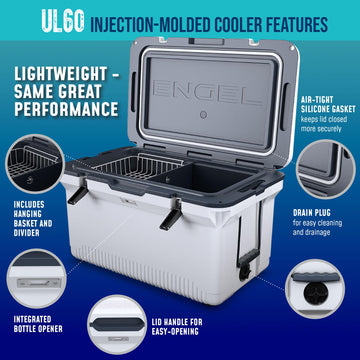 ENGEL 60qt ultra-light cooler built-in-bottle-opener ideal for drinks on the go