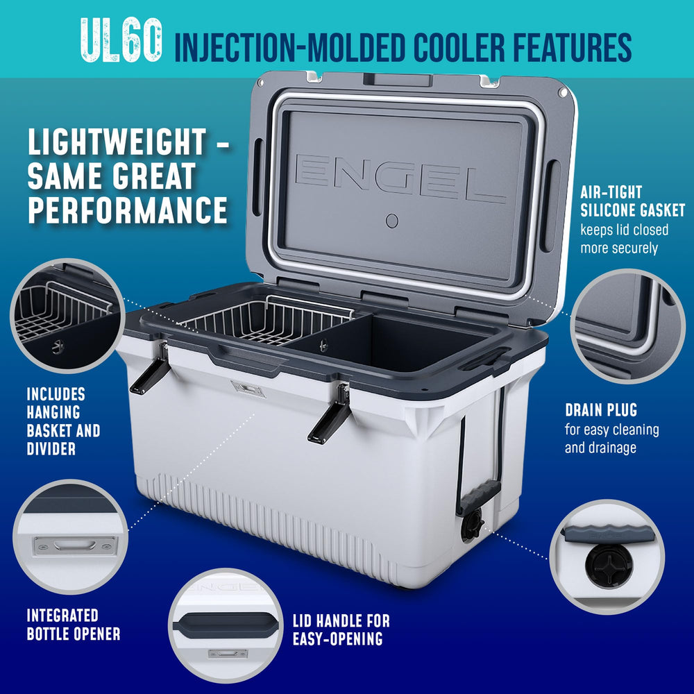 ENGEL 60qt ultra-light cooler built-in-bottle-opener ideal for drinks on the go