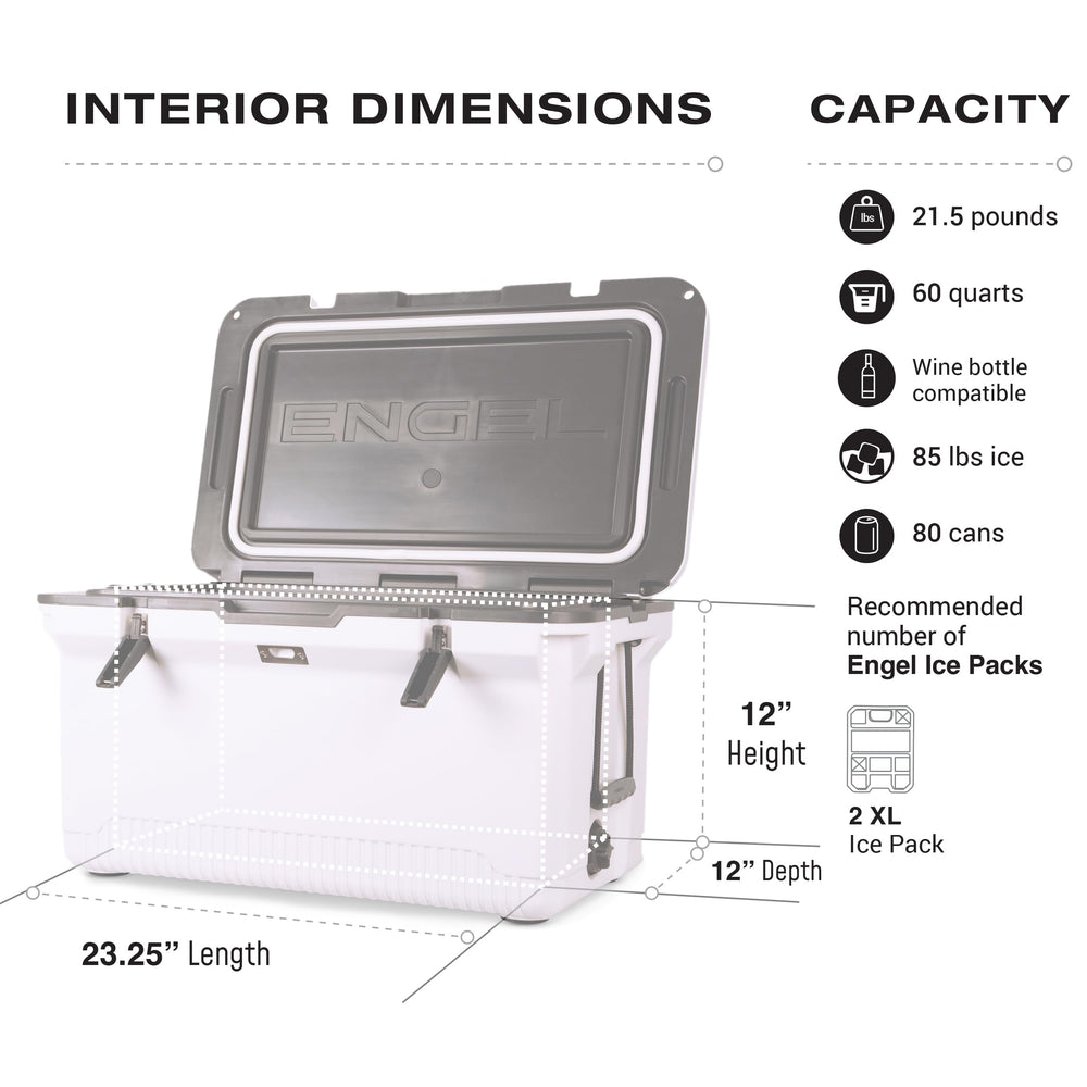 ENGEL 60QT cooler divider illustrates organized food and drinks for family outings.