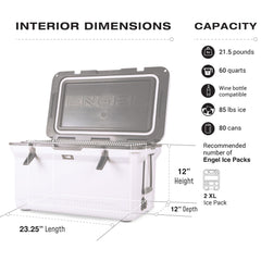 ENGEL 60QT cooler divider illustrates organized food and drinks for family outings.