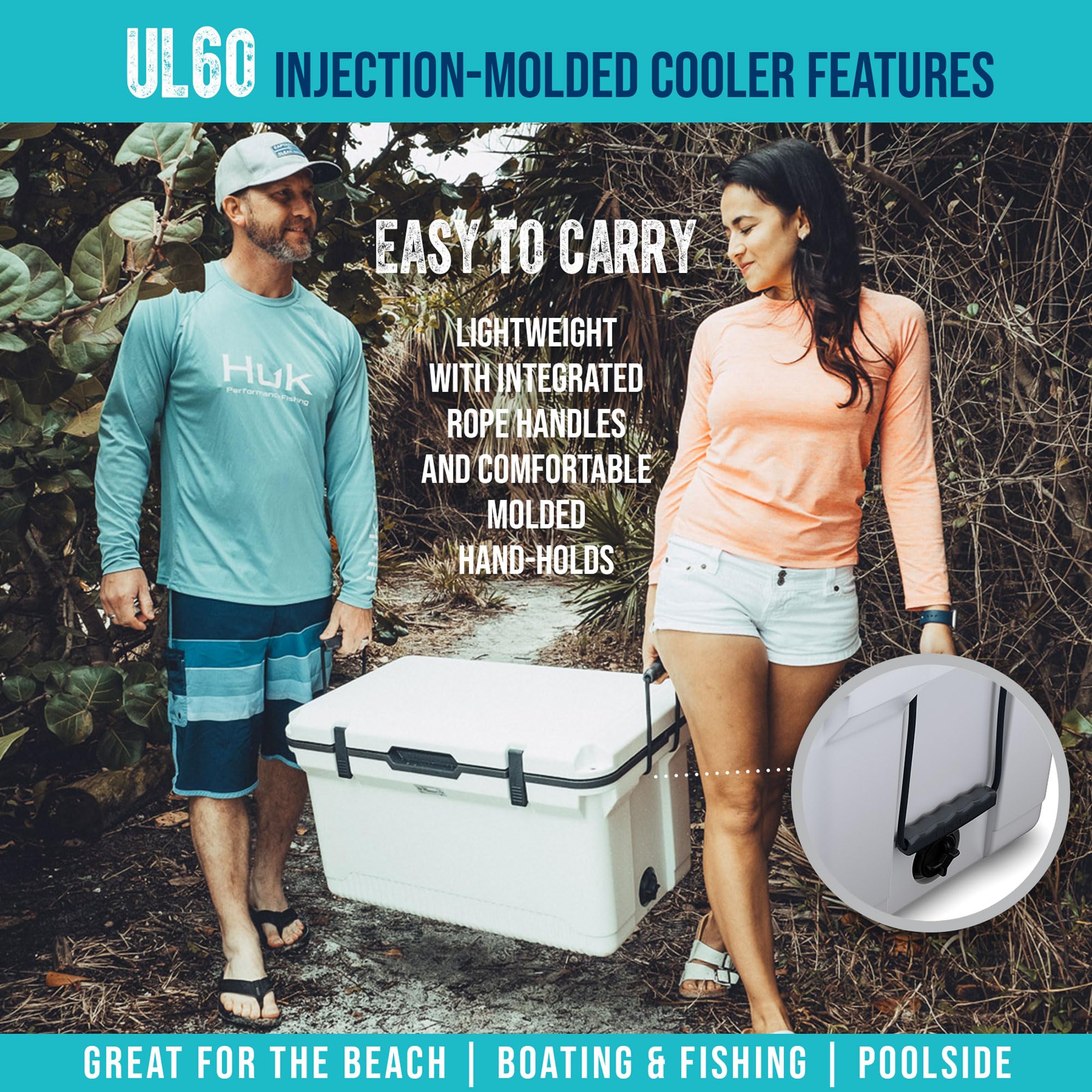 ENGEL 60 qt ultra-light cooler easy-carry-handles designed for portable transport.