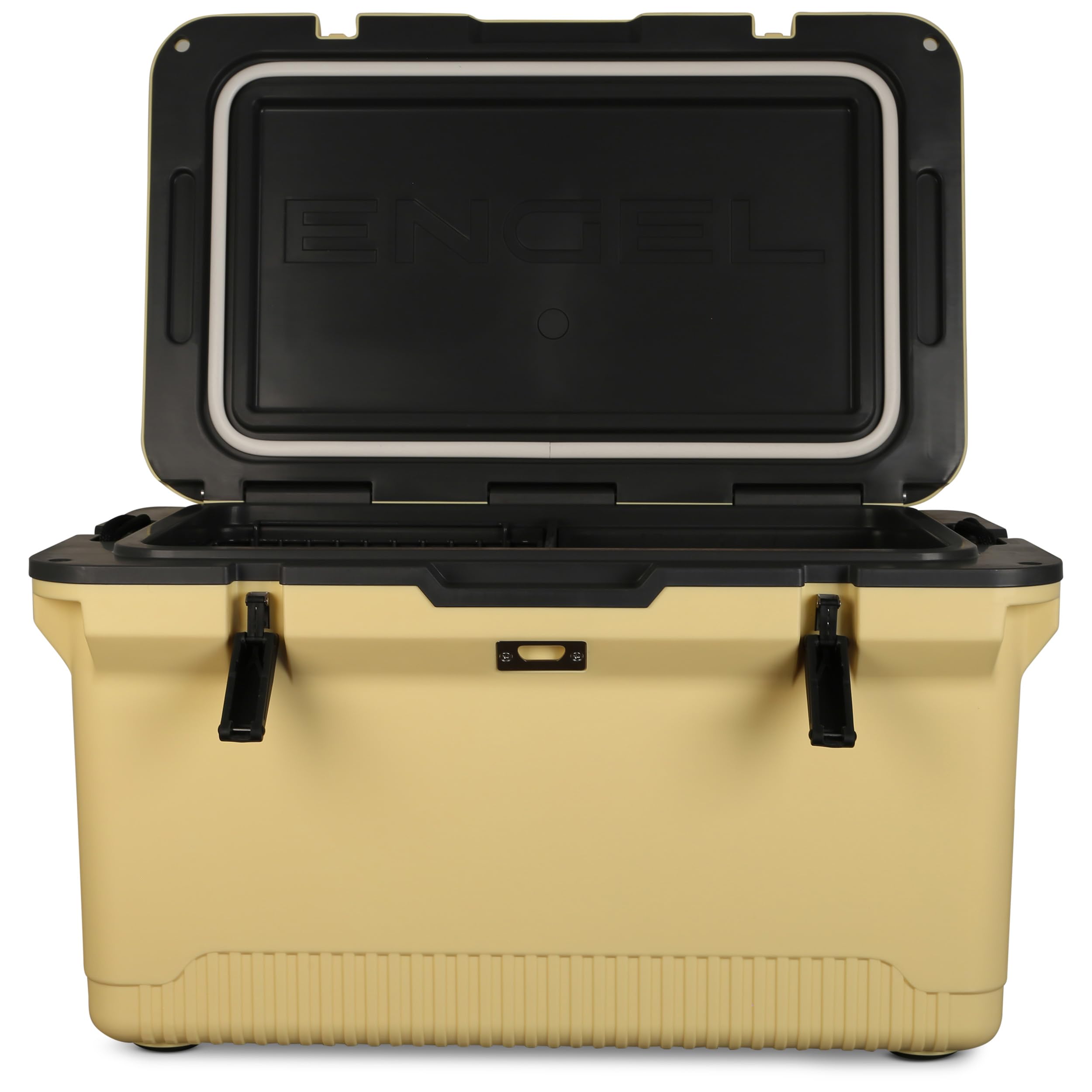 ENGEL 60qt ultra-light cooler front view emphasizes portable design for camping trips