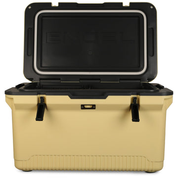 ENGEL 60qt ultra-light cooler front view emphasizes portable design for camping trips
