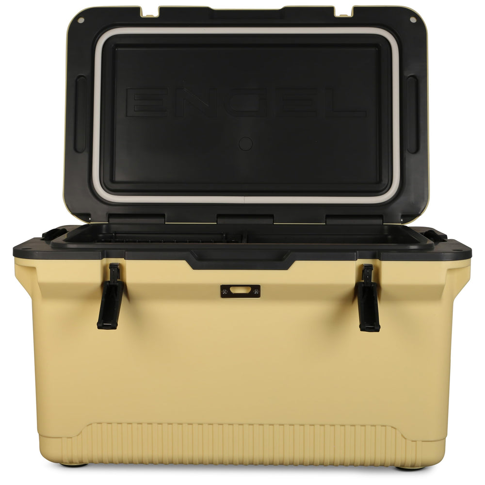 ENGEL 60qt ultra-light cooler front view emphasizes portable design for camping trips