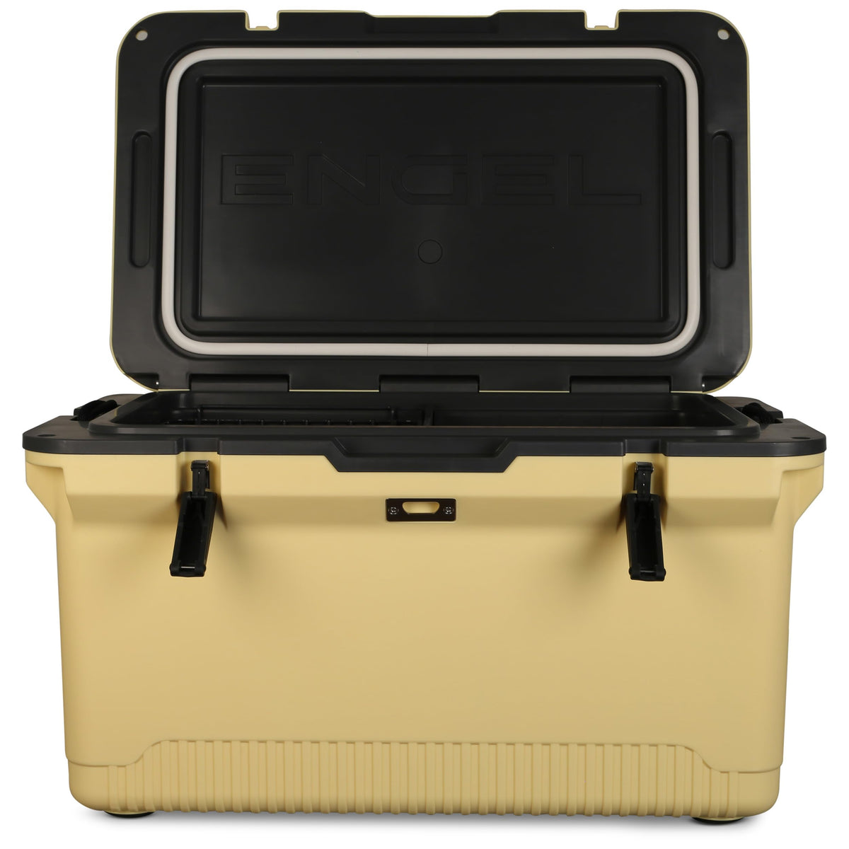 ENGEL 60qt ultra-light cooler front view emphasizes portable design for camping trips