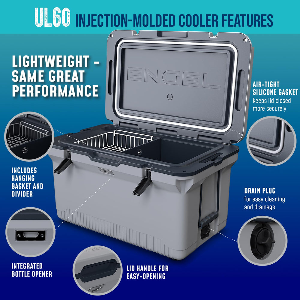 ENGEL 60 qt ultra-light cooler removable-wire-basket keeps contents organized.