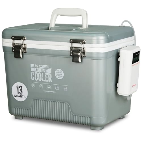 ENGEL bait bucket lid and latches show rugged stainless hardware for field reliability.