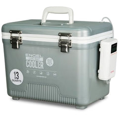 ENGEL bait bucket lid and latches show rugged stainless hardware for field reliability.