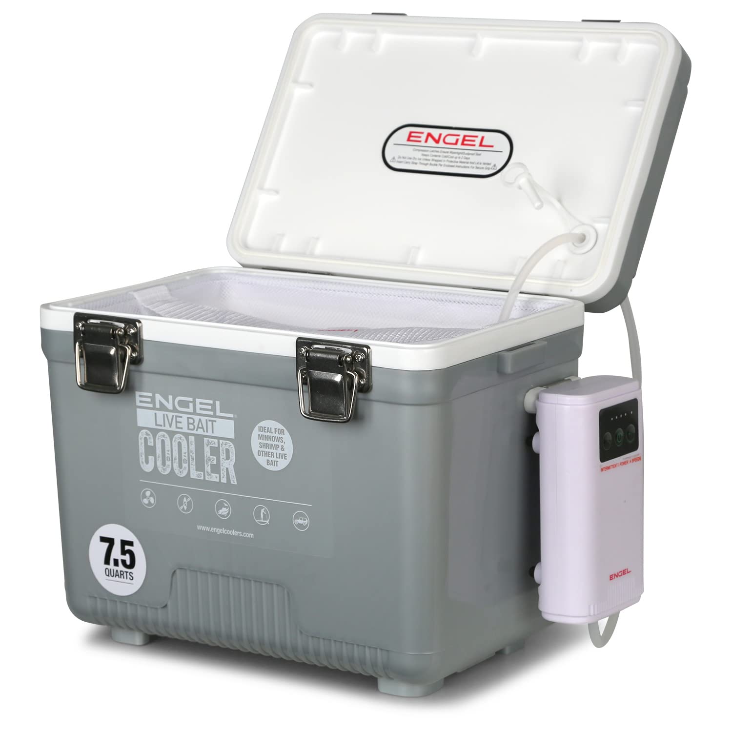 ENGEL 7.5Qt live bait cooler with aerator keeps minnows fresh on long outings.