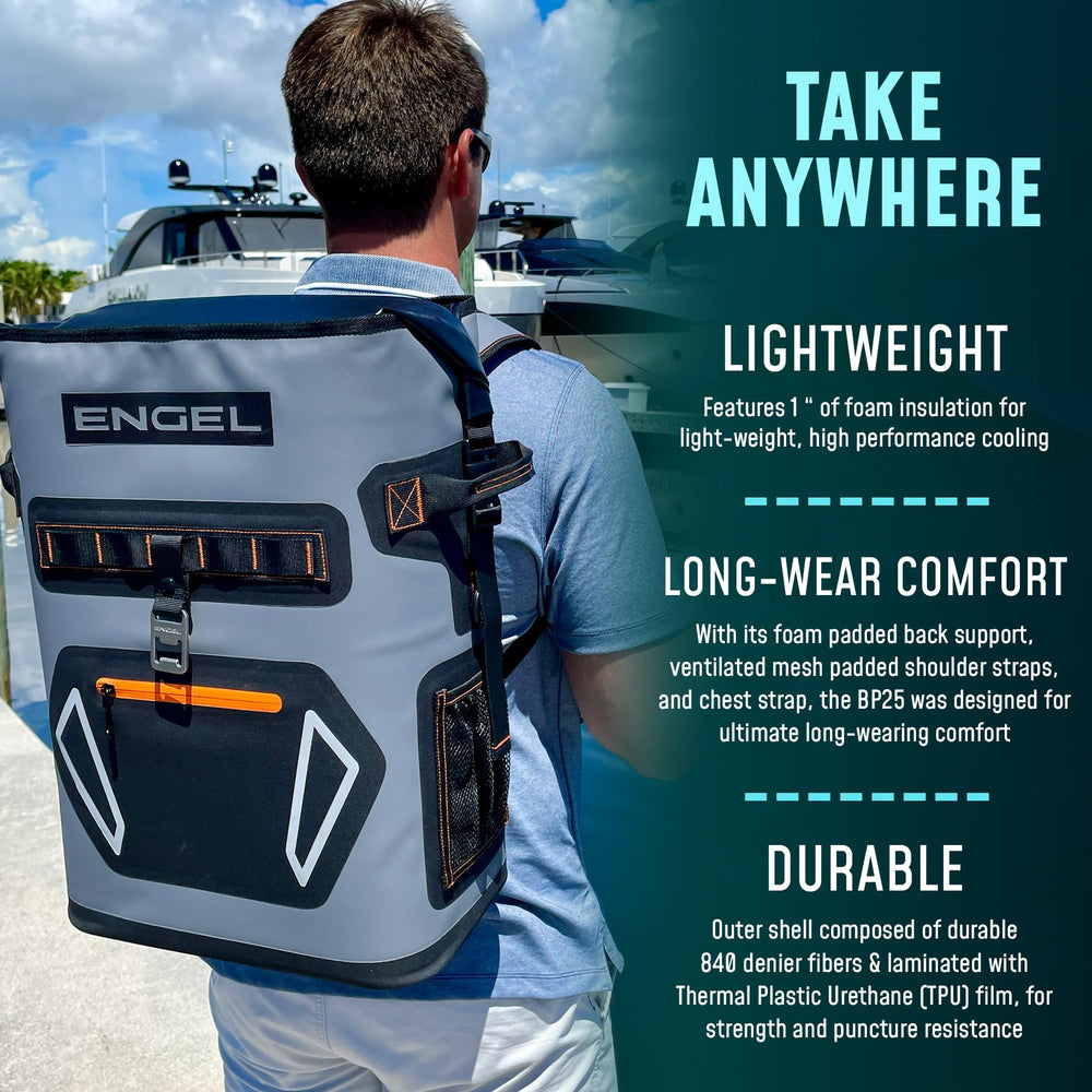 Engel BP25-LG padded straps provide comfortable carry on long treks.