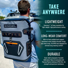 Engel BP25-LG padded straps provide comfortable carry on long treks.