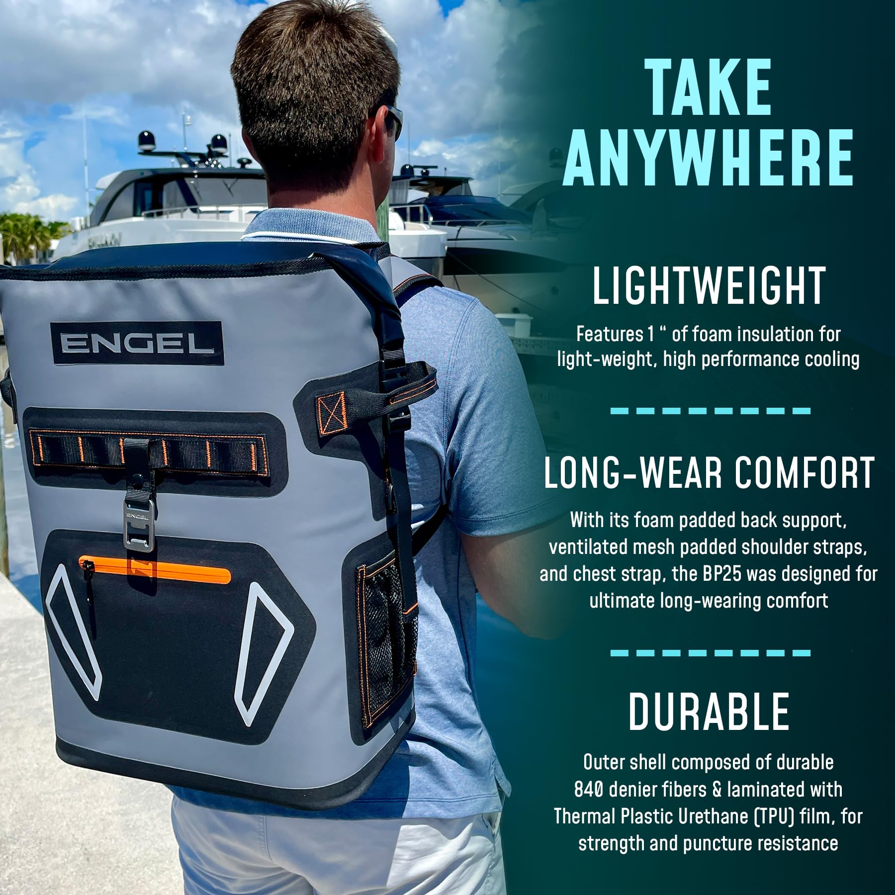 Engel BP25-Orange padded shoulder straps offer comfortable wear.