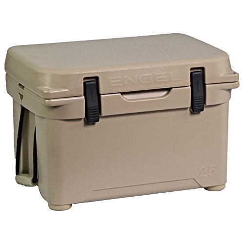 ENGEL ENG25 cooler next to camp stove—shows 21-quart capacity