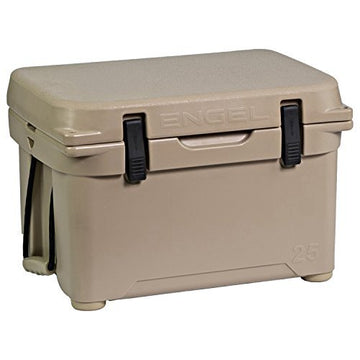 ENGEL ENG25 cooler next to camp stove—shows 21-quart capacity
