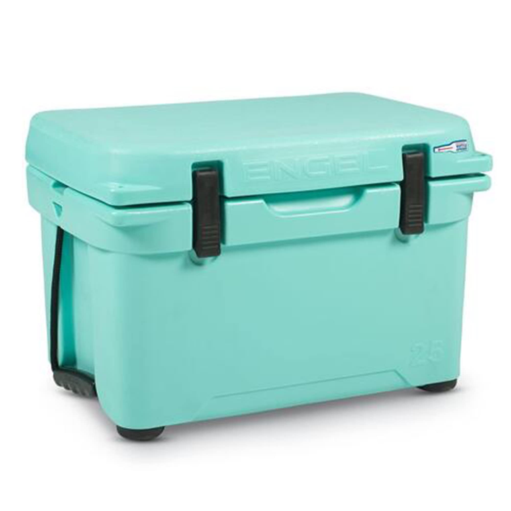 ENGEL ENG25 cooler with open lid in seafoam color, durable and capable for long-lasting ice.