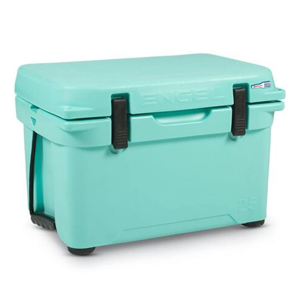 ENGEL ENG25 cooler with open lid in seafoam color, durable and capable for long-lasting ice.