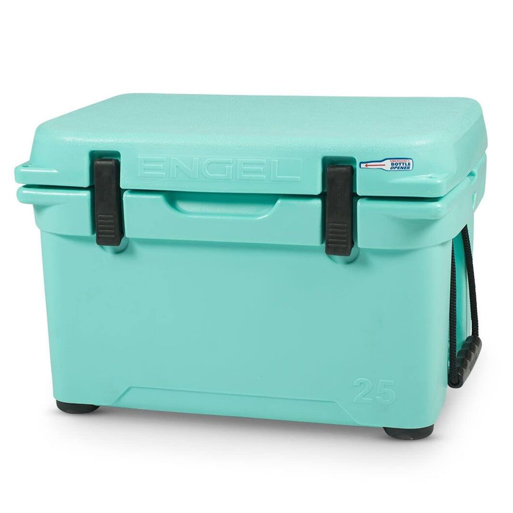 SIDE view of ENGEL ENG25 cooler in seafoam, compact footprint for car or boat.