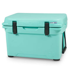 SIDE view of ENGEL ENG25 cooler in seafoam, compact footprint for car or boat.