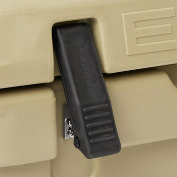 ENGEL ENG50 cooler with bear-resistance certification label, ideal for bear country camping.