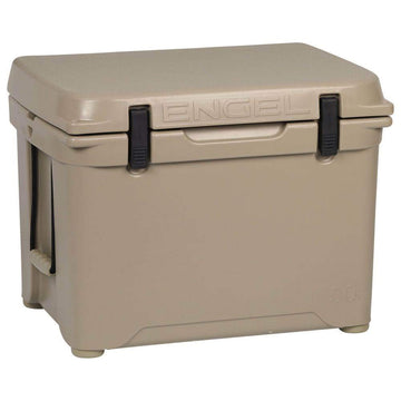 ENGEL ENG50 cooler in a camping scene, highlighting outdoor versatility and rugged design.