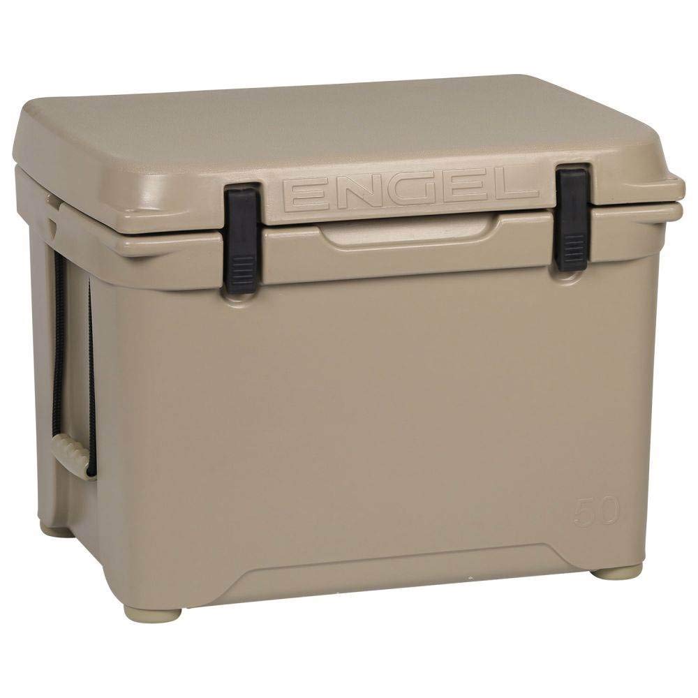 ENGEL ENG50 cooler in a camping scene, highlighting outdoor versatility and rugged design.