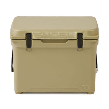 ENGEL ENG50 cooler lid open in tan, shows spacious interior for up to 50 cans.