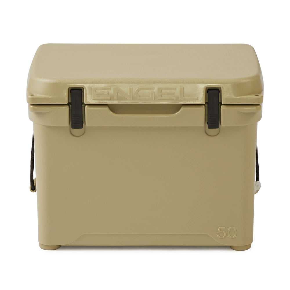 ENGEL ENG50 cooler lid open in tan, shows spacious interior for up to 50 cans.