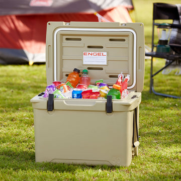 ENGEL ENG50 cooler in car trunk, illustrating portable, space-saving design for trips.