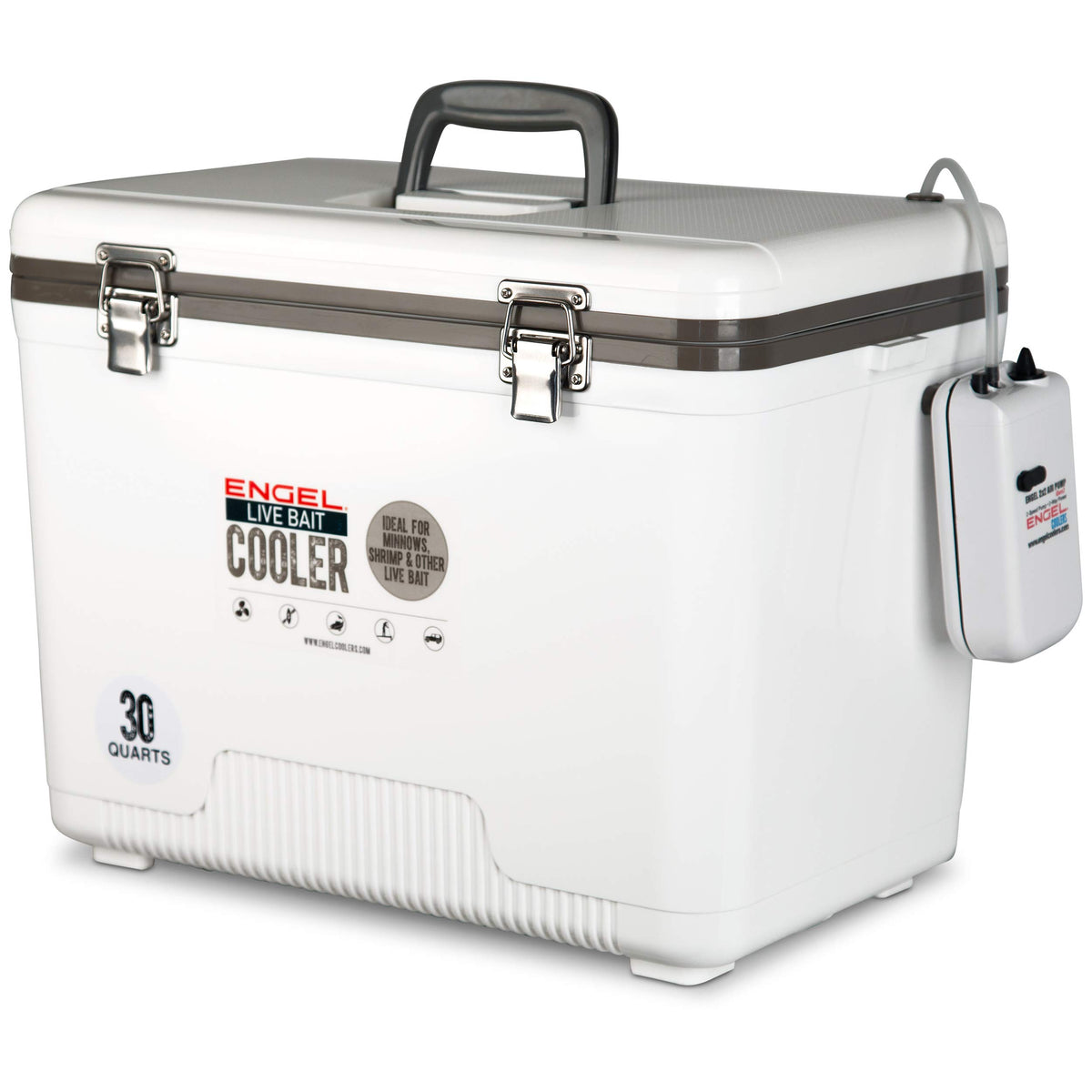 ENGEL ENGLBC30-N 30qt live bait cooler with aerator keeps minnows lively for hours.