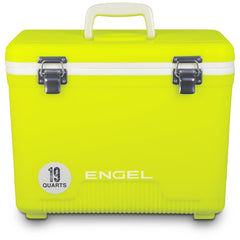 ENGEL UC19 yellow drybox lid hinge detail for quick access on outdoor trips.