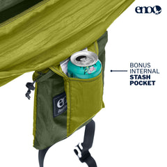 ENO DoubleNest camping scene with two people enjoying a comfortable outdoor pause.