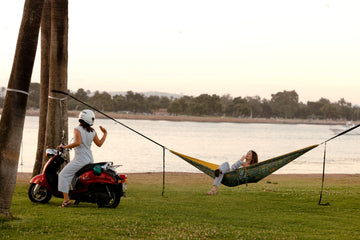 ENO DoubleNest hammock hanging between trees for a relaxing camp setup