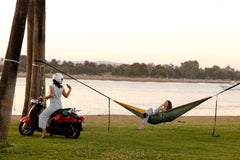 ENO DoubleNest hammock hanging between trees for a relaxing camp setup