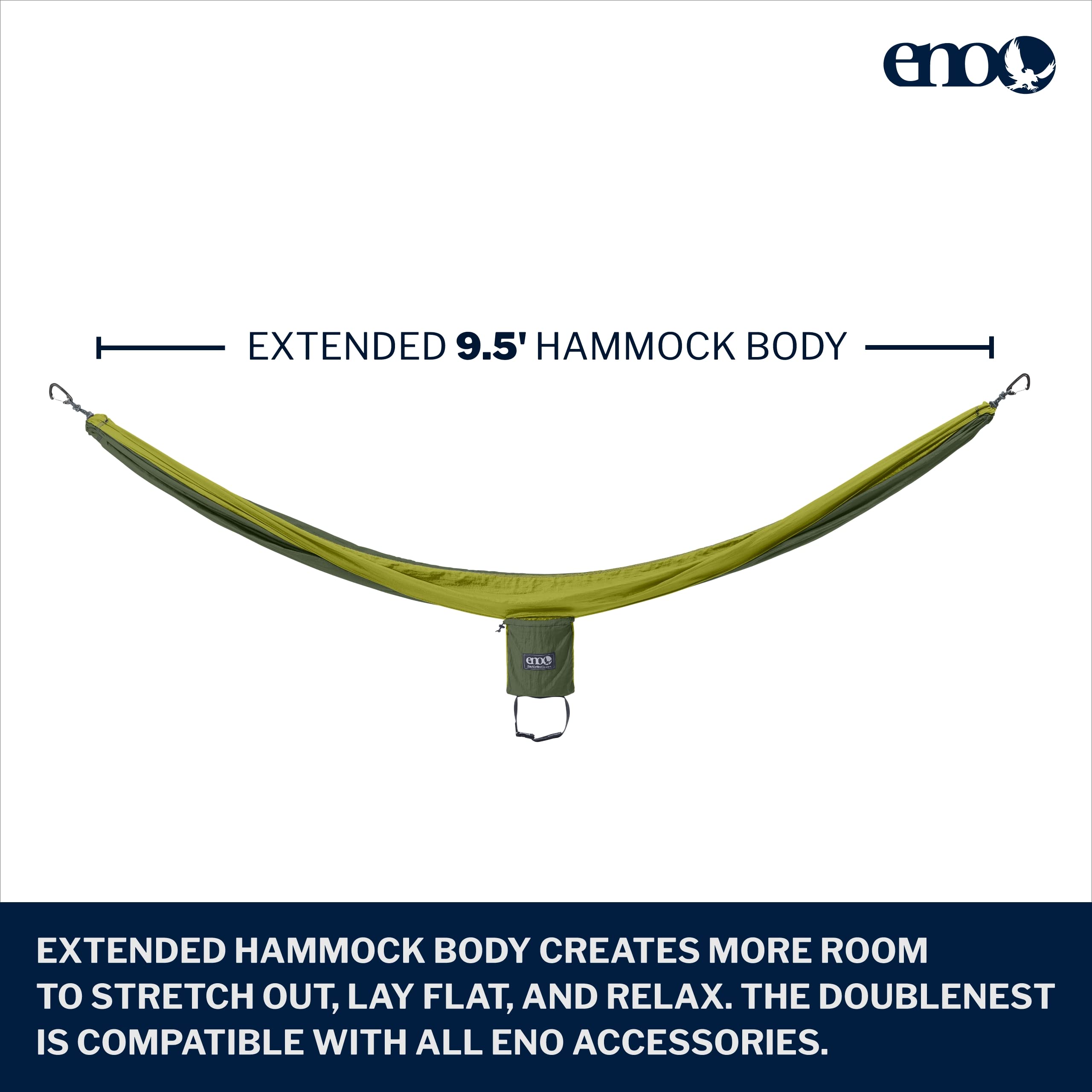 ENO DoubleNest hammock setup in the woods using compatible ENO straps.
