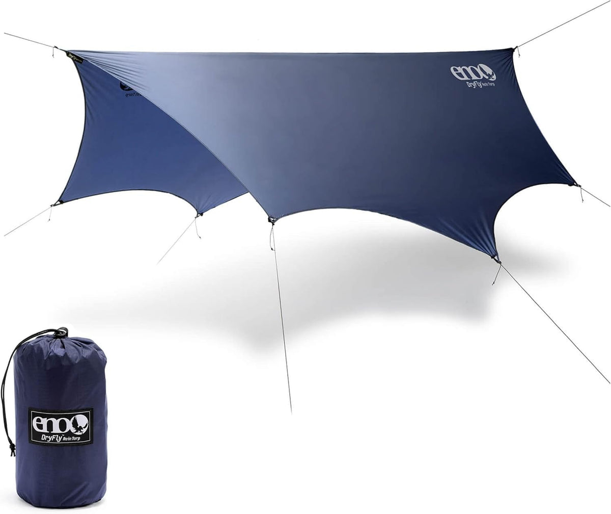 ENO DryFly Rain Tarp setup shows quick shelter for hammock camping during rain