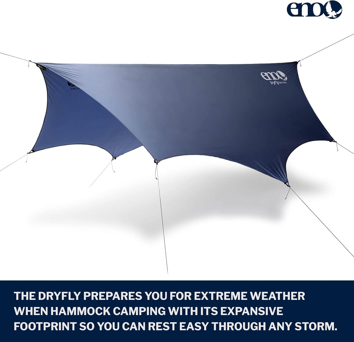 ENO DryFly Rain Tarp water-shedding beads keep gear dry under a downpour
