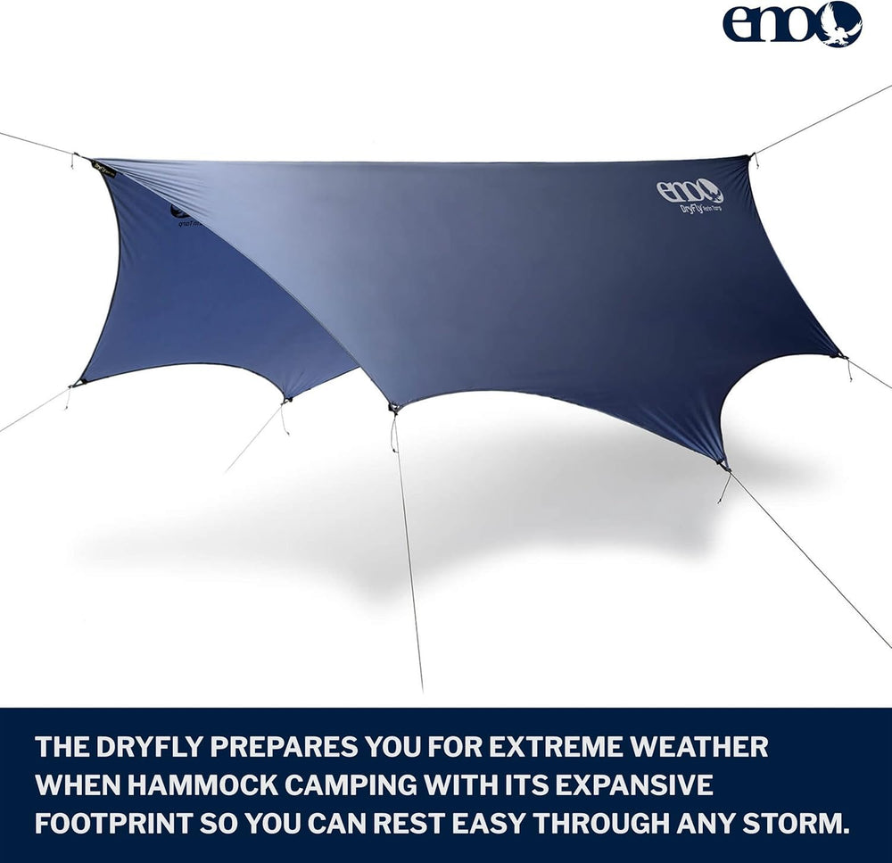 ENO DryFly Rain Tarp water-shedding beads keep gear dry under a downpour