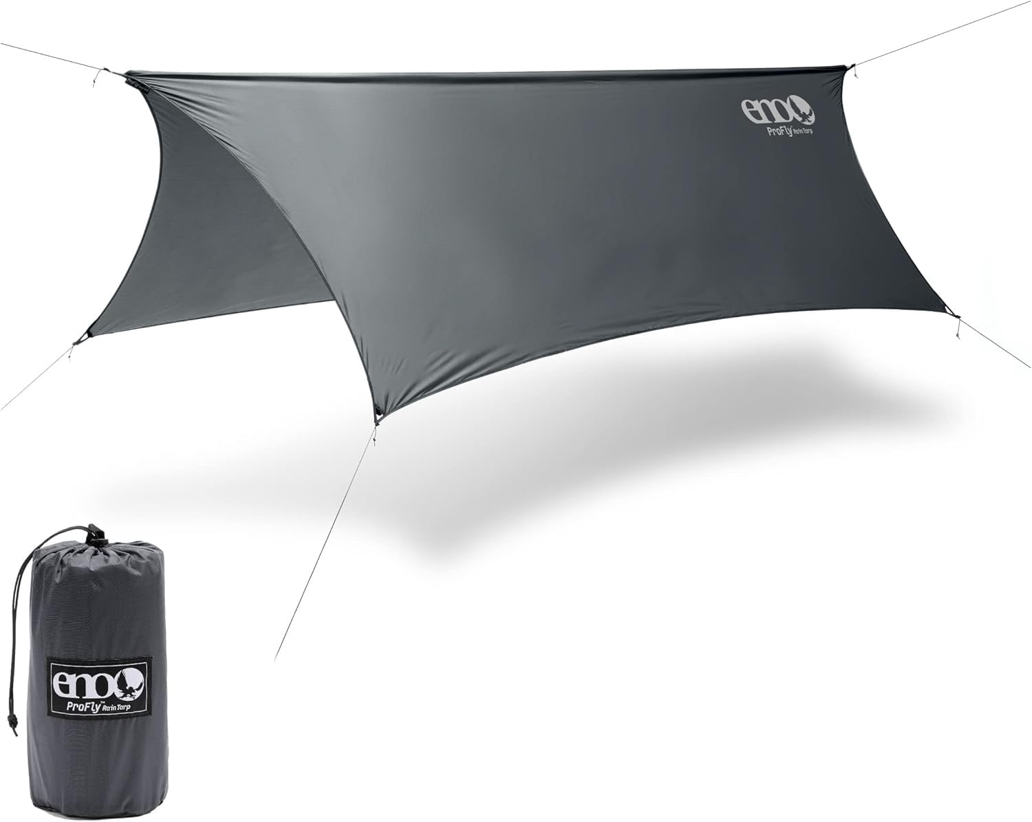 ENO ProFly rain tarp setup showing six-point attachment for stable shelter