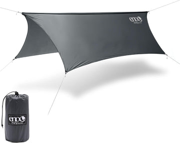 ENO ProFly rain tarp setup showing six-point attachment for stable shelter