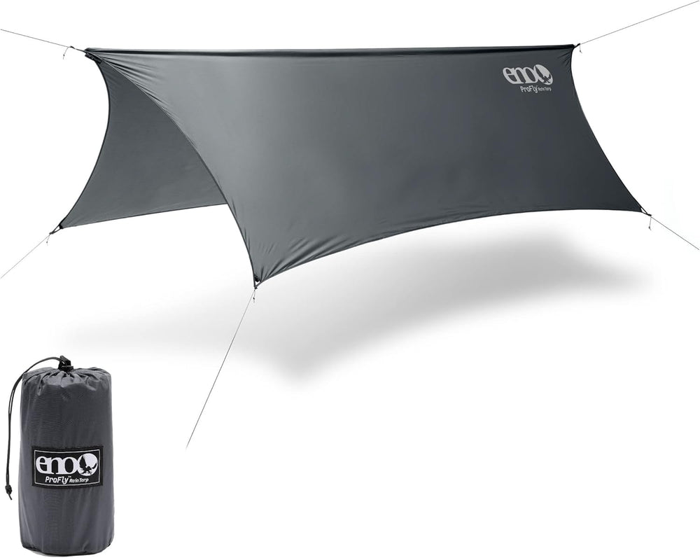 ENO ProFly rain tarp setup showing six-point attachment for stable shelter