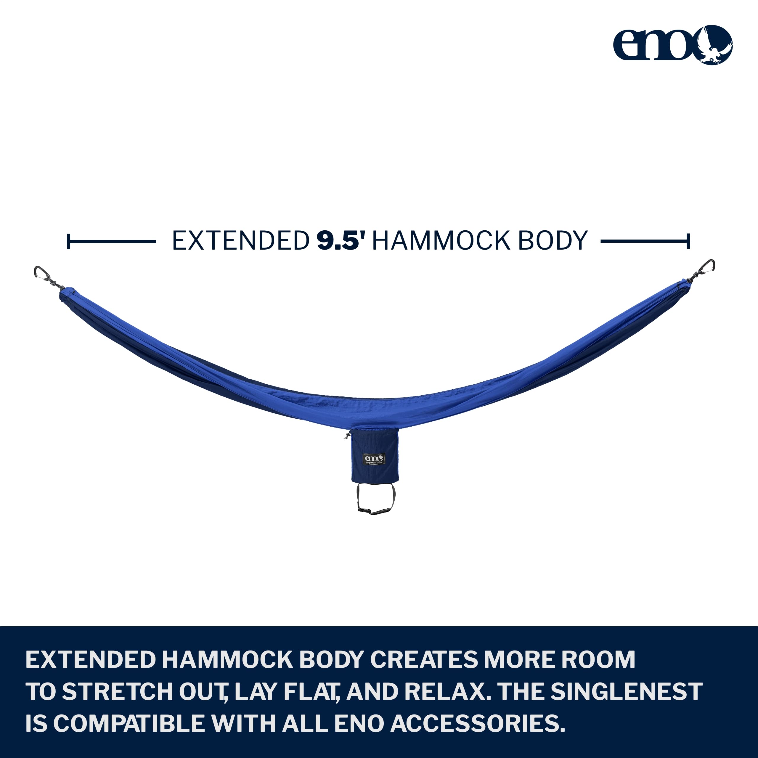ENO Singlenest Hammock nine-foot-five-inch length for comfortable solo camping.
