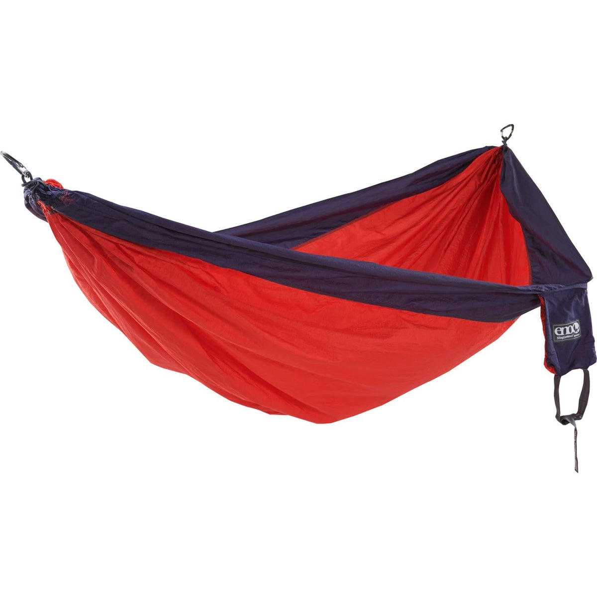 ENO SingleNest hammock in red/navy ideal for solo outdoor relaxation and portability.