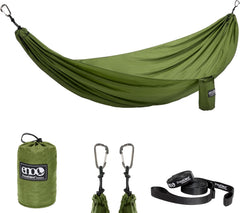 ENO TravelNest hammock setup demonstrates easy hanging for quick outdoor relaxation.