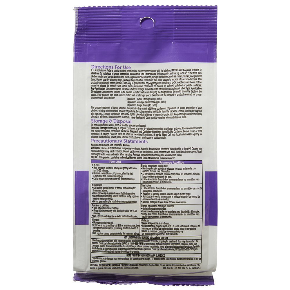Enoz Lavender Scented Moth Ball Packet in a closet guards against moths and beetles.