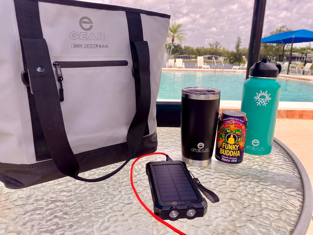 Enthusiast Gear zippered top insulated tote pictured at the beach for easy access