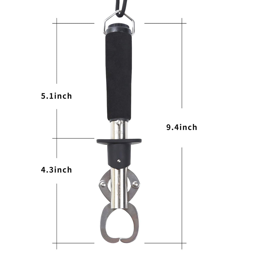 Angler holding gripper with fish ready for measurement