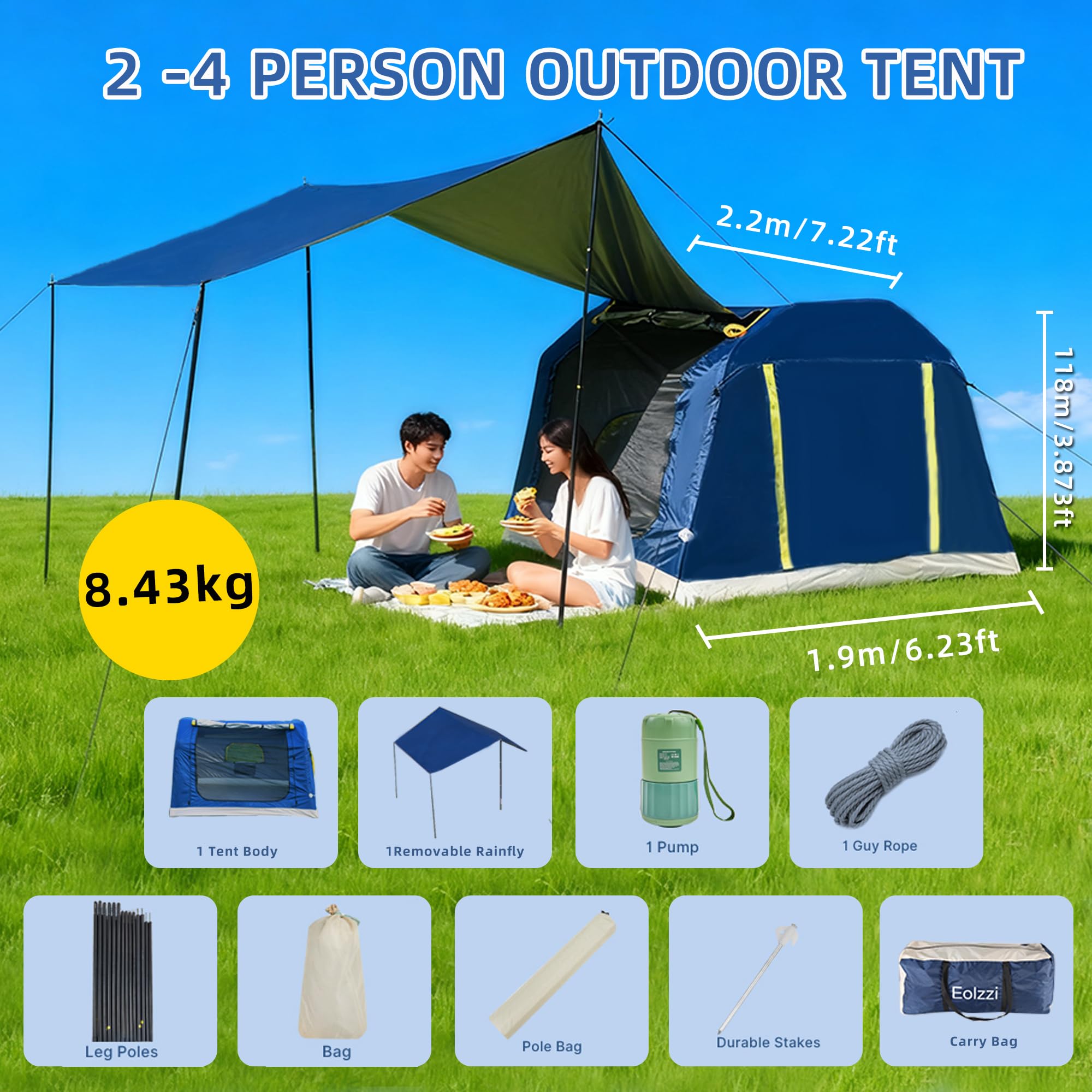 Eolzzi spacious 3-4-person tent fits family and friends.