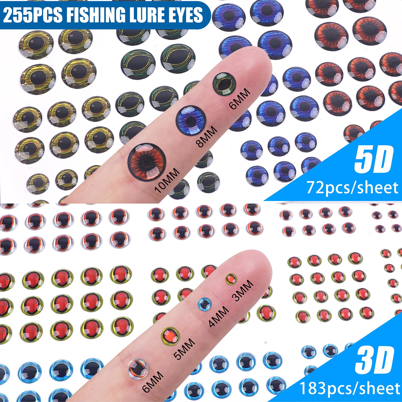 Epoxy fishing lure eyes in sizes 3mm to 10mm