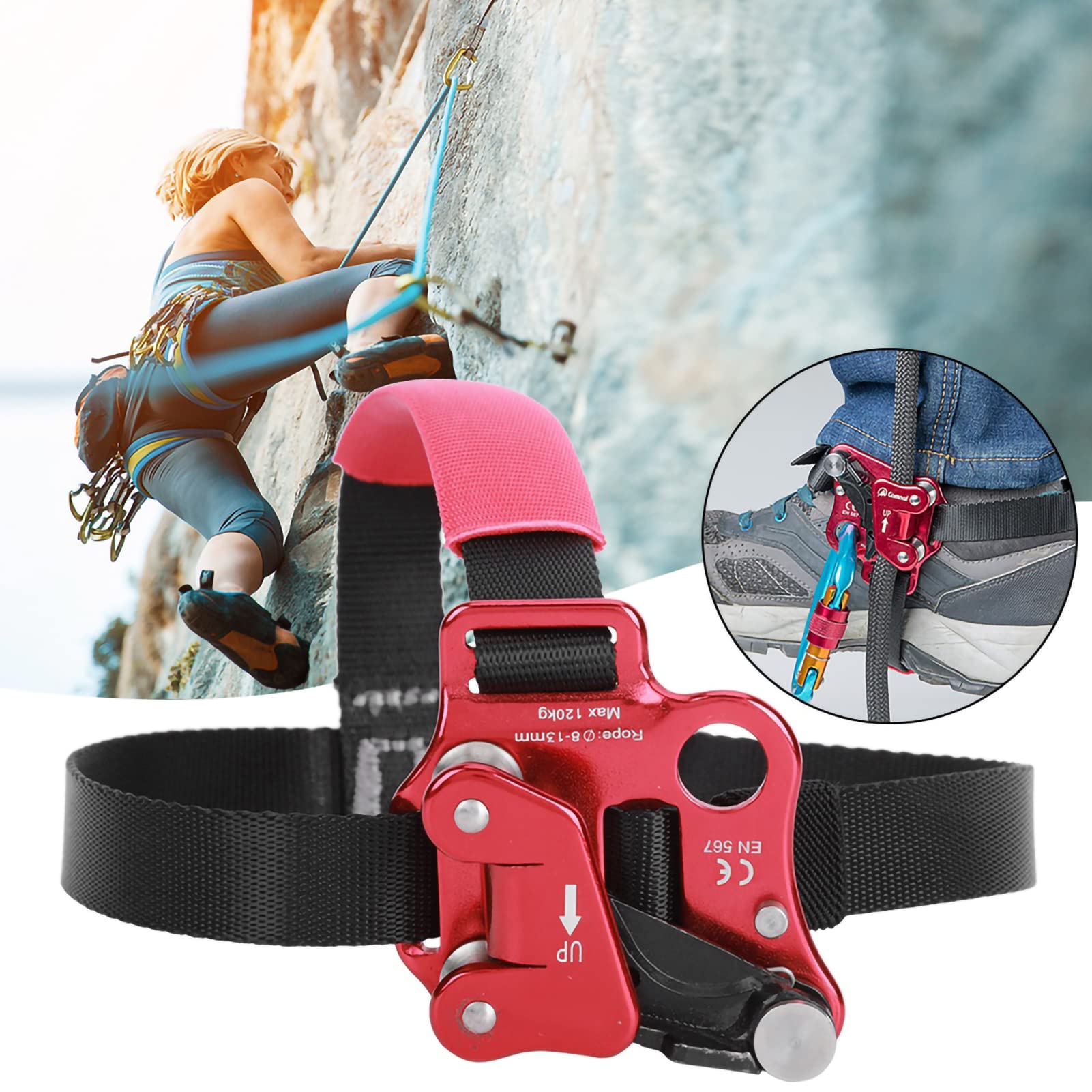 Equlup climbing foot ascender stainless grab with mud slot showing grip on tough ropes
