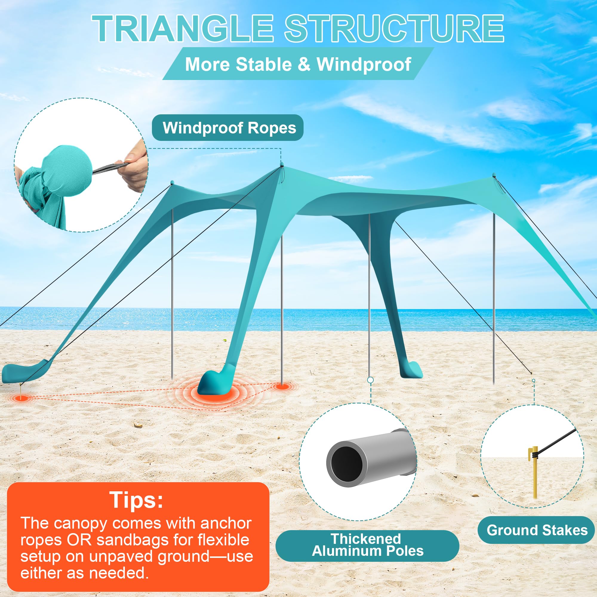 ERFEI sand shovel included with cyan tent for quick setup